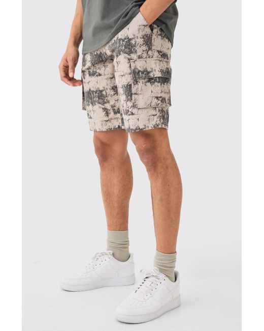 BoohooMAN Blurred Camo Fixed Waist Skinny Cargo Shorts in White für Herren