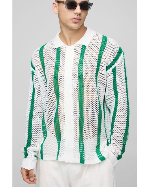 BoohooMAN Green Regular Fit Open Stitch Stripe Long Sleeve Knitted Shirt for men