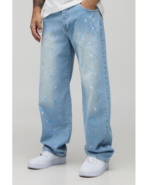 BoohooMAN Blue Relaxed Rigid Paint Splatter Denim Jeans for men
