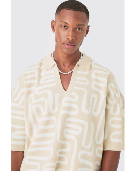 BoohooMAN Natural Boxy Oversized Abstract Knit Polo for men