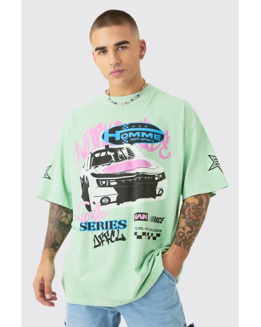 BoohooMAN Oversized Graffiti Car Graphic Wash T-shirt in Green für Herren