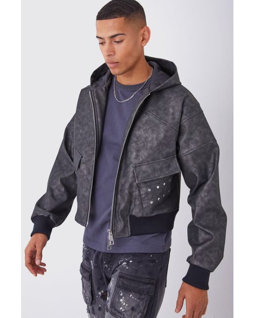 BoohooMAN Blue Boxy Washed Pu Hooded Bomber for men