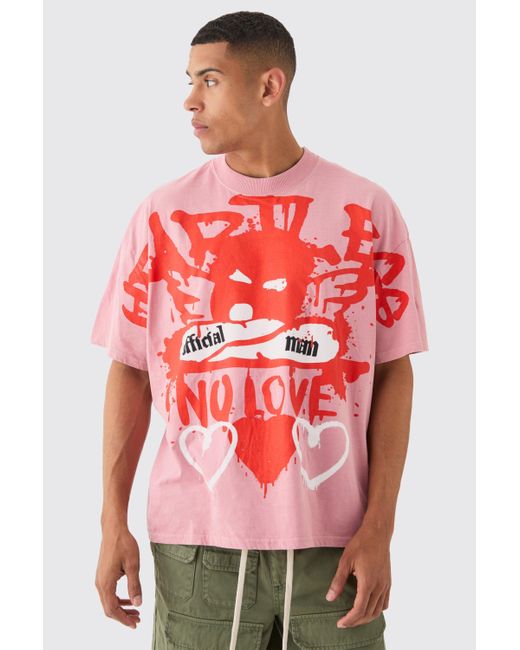 BoohooMAN Red Oversized Large Scale Heartless Print T-shirt for men