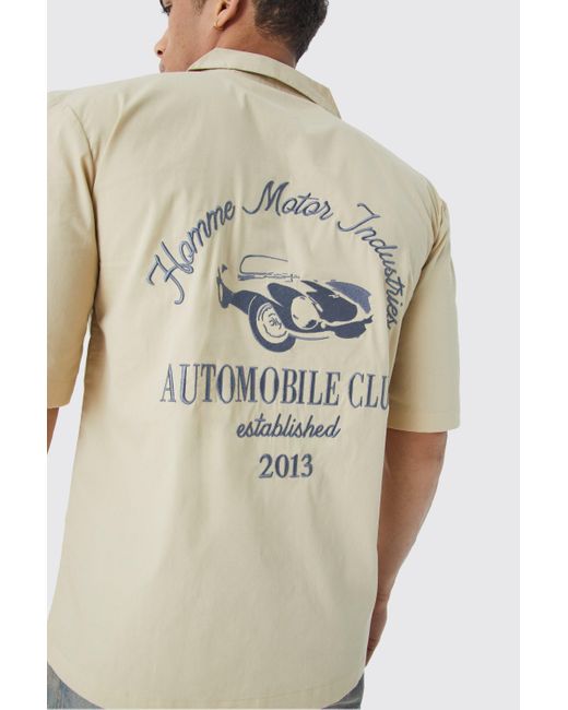 BoohooMAN Natural Dropped Revere Poplin Automobile Club Shirt for men