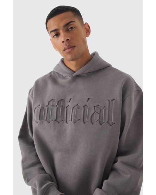 BoohooMAN Gray Oversized Boxy Official Embossed Hoodie for men