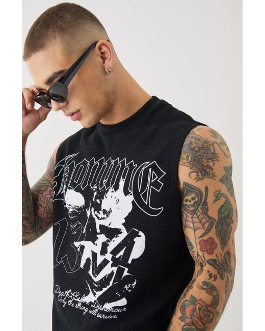 BoohooMAN Black Gothic Renaissance Homme Waffle Printed Tank for men