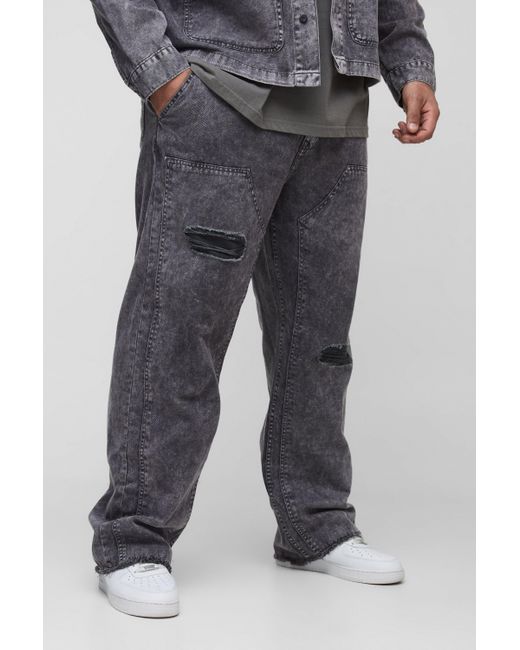 BoohooMAN Gray Plus Acid Wash Distressed Relaxed Fit Carpenter Pants for men