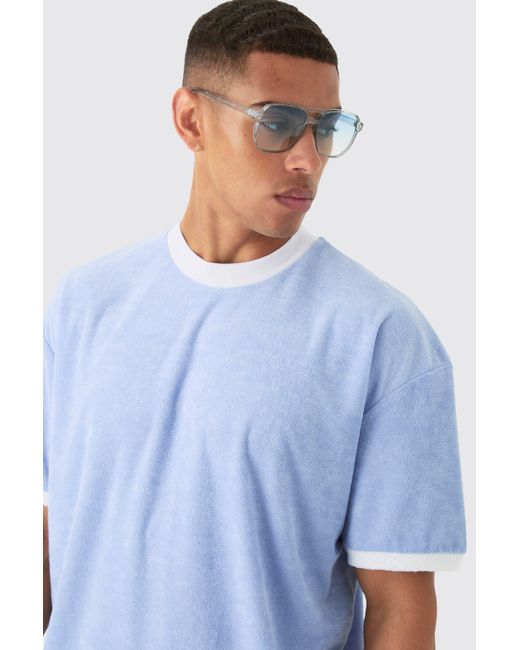 BoohooMAN Blue Oversized Extended Neck Contrast Towelling T-shirt & Shorts for men