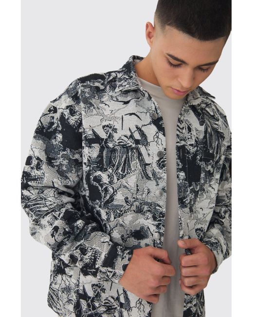 BoohooMAN Gray Oversized Tapestry Skull Overshirt for men