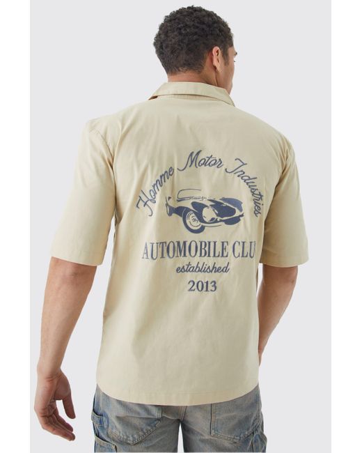 BoohooMAN Natural Dropped Revere Poplin Automobile Club Shirt for men