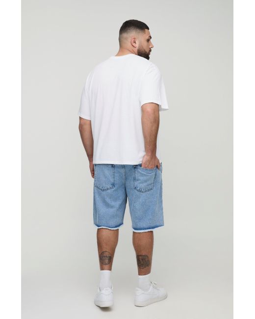 BoohooMAN Blue Plus Distressed Drawcord Relaxed Fit Jean Shorts for men