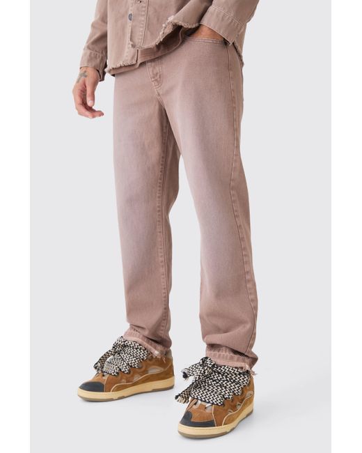 BoohooMAN Pink Relaxed Rigid Overdyed Let Down Hem Jeans for men