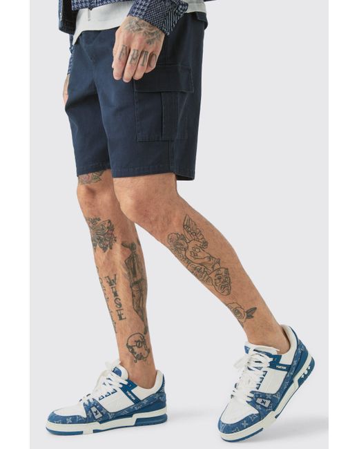 BoohooMAN Blue Tall Elastic Waist Navy Slim Fit Cargo Shorts for men