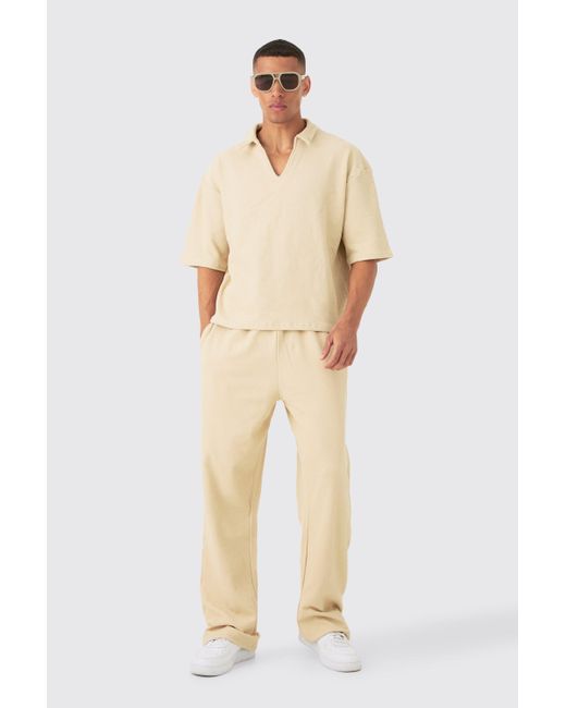BoohooMAN Natural Oversized Boxy Half Sleeve V Neck Polo And Pants Set for men