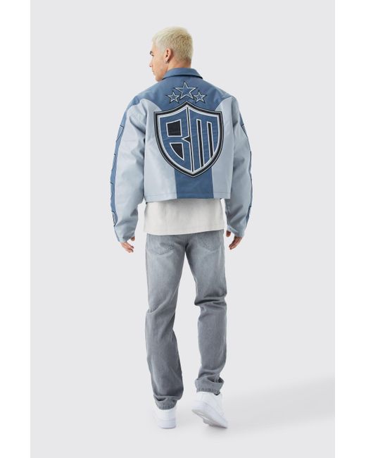 BoohooMAN Blue Boxy Pu Contrast Panelled Bomber With Badges for men