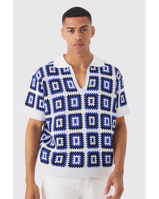 BoohooMAN Blue Oversized Boxy V Neck Crochet Knit Polo for men