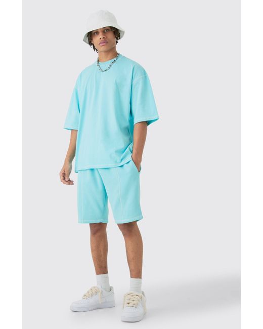 BoohooMAN Blue Oversized Contrast Stitch Embroidered T-shirt & Short Set for men