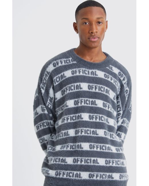 BoohooMAN Blue Oversized Fluffy Knitted Official Stripe Jumper for men
