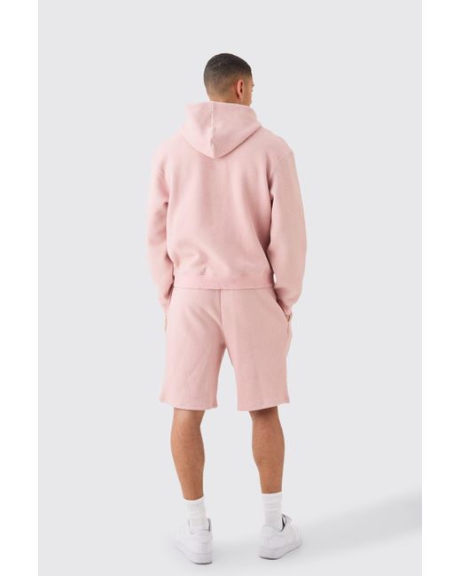BoohooMAN Oversized Boxy Quilted Embroided Hooded Short Tracksuit in Pink für Herren