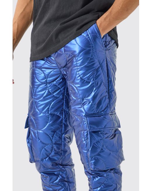 BoohooMAN Blue Elasticated Waist Metallic Quilted Cargo Trousers for men
