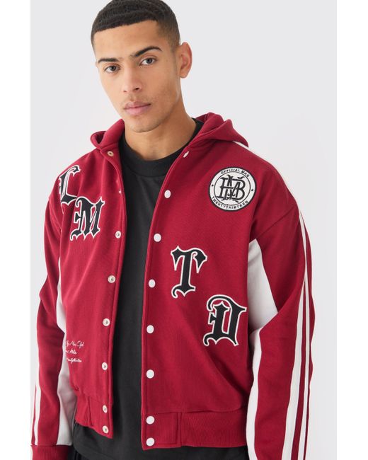BoohooMAN Red Boxy Applique Tape Detail Jersey Varsity Jacket for men
