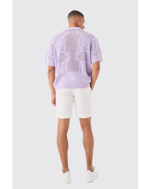 BoohooMAN Purple Oversized Boxy Open Stitch All Over Textured Polo In Lilac for men