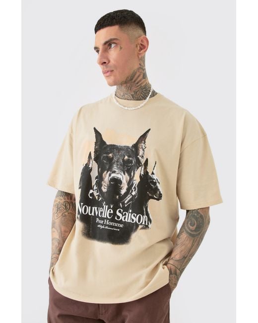 BoohooMAN Natural Tall Dobermann Printed Graphic Oversized T-shirt for men