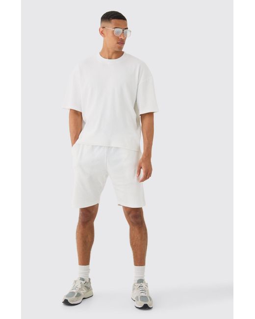 BoohooMAN White Loose Fit Mid Length Heavyweight Ribbed Shorts for men