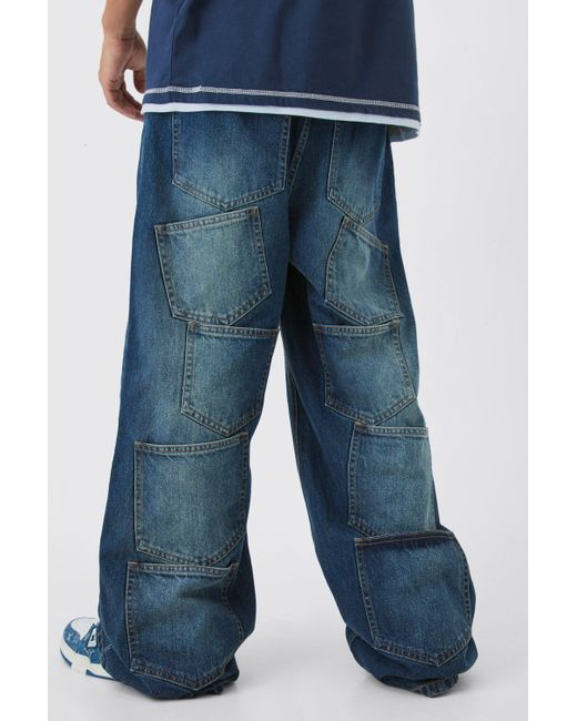 BoohooMAN Blue Extreme Baggy Rigid Multi Pocket Denim Jean In Antique Wash for men