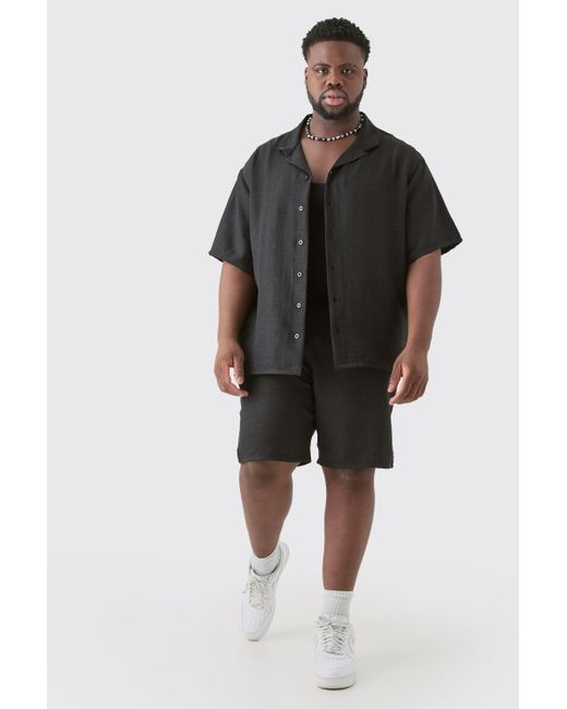 BoohooMAN Plus Short Sleeve Drop Revere Linen Shirt & Short Set In Black for men