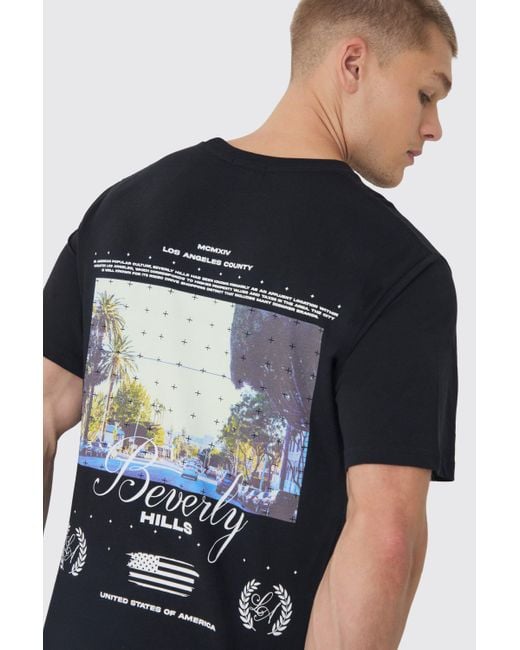 BoohooMAN Black Beverly Hills Landscape Back Print T-Shirt for men