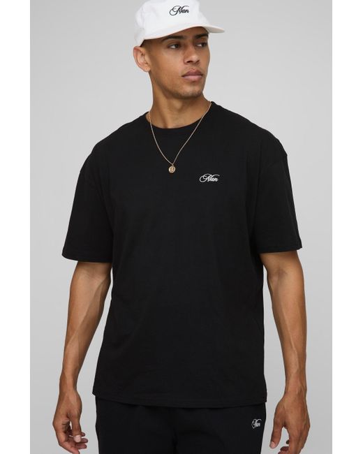 BoohooMAN Oversized MAN Script Embroidered Basic Crew Neck T-Shirt in Black für Herren