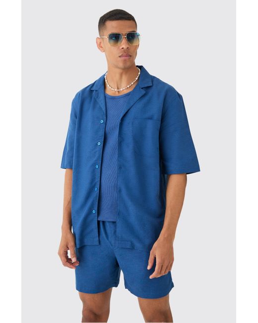 BoohooMAN Linen Pocket Detail Shirt & Short Set in Blue für Herren