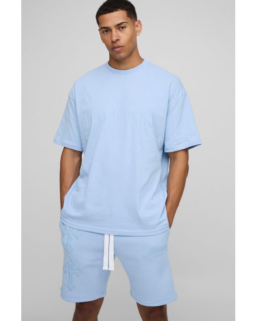 BoohooMAN Blue Oversized Cross Applique T-Shirt & Short Set for men