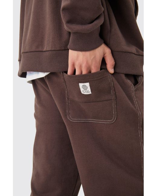 BoohooMAN Relaxed Fit Heavy Contrast Stitch Jogger in Brown für Herren