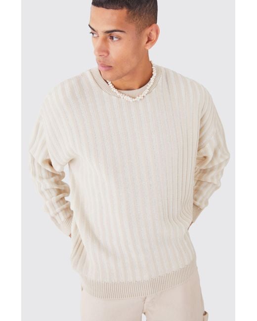 BoohooMAN White Oversized Crew Neck Two Tone Rib Knitted Jumper for men