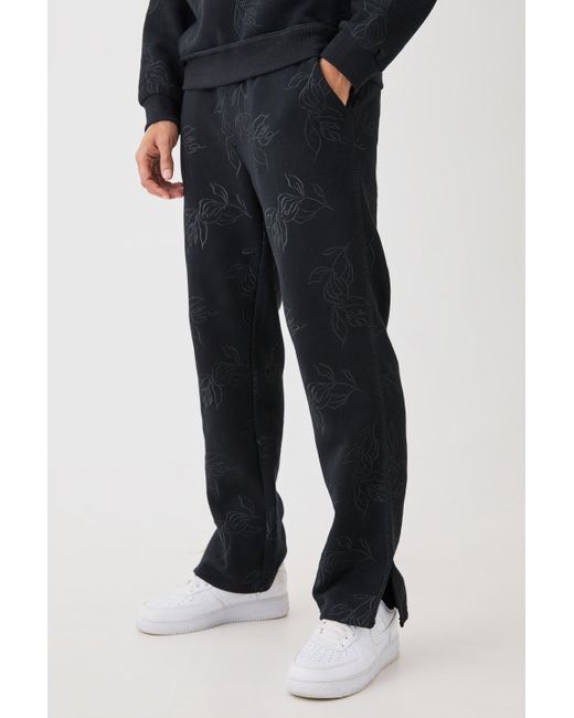 BoohooMAN Black Regular Fit Embroidered Split Hem Jogger for men