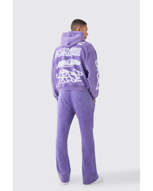 BoohooMAN Purple Oversized Boxy Puff Print Wash Hooded Tracksuit for men