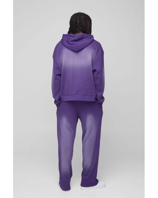 BoohooMAN Kastiger Oversize Man Trainingsanzug in Waffeloptik mit Kapuze und Reißverschluss in Purple für Herren