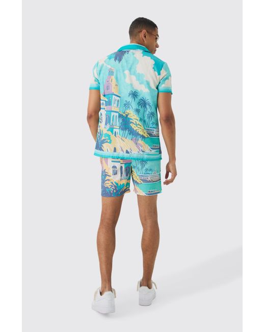Regular Landscape Shirt & Swim Short Set Boohoo de color Blue