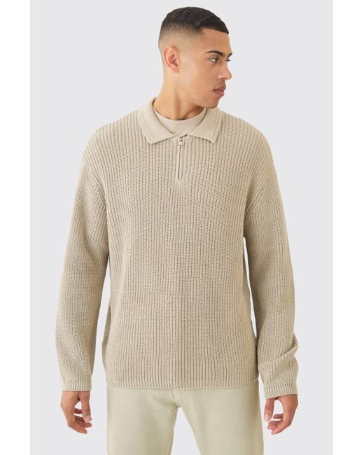 BoohooMAN Natural Regular Fit 1/4 Zip Funnel Fisherman Knit Sweater for men