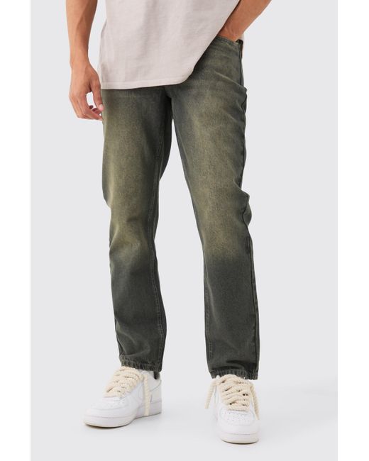 Straight Rigid Let Down Hem Jeans In Grey Boohoo de color Green