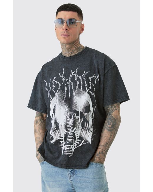 BoohooMAN Gray Tall Distressed Oversized Acid Wash Gothic Print T-shirt for men