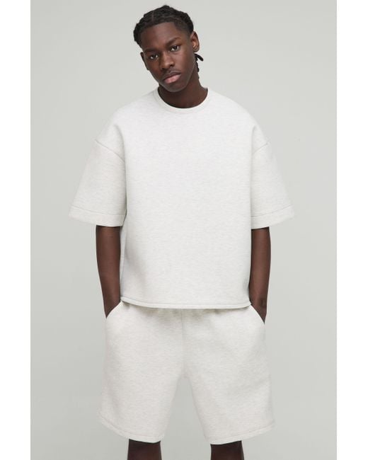 BoohooMAN Men's Natural Oversized Boxy Bonded Scuba Short Set