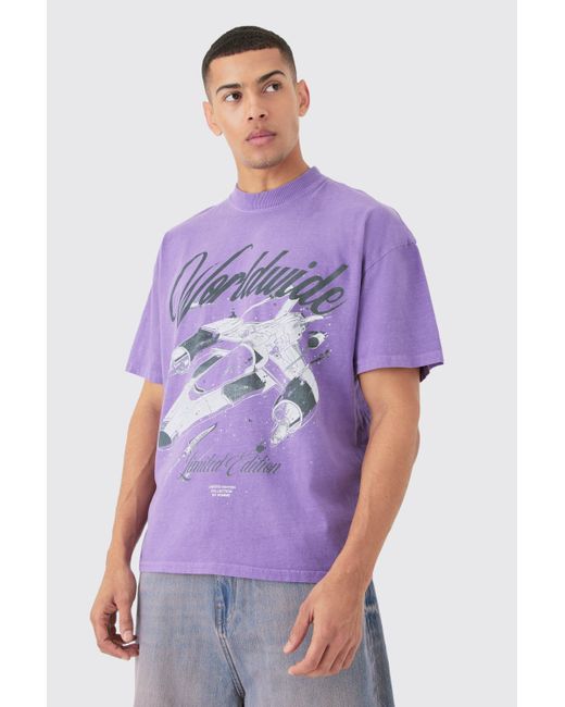 BoohooMAN Purple Oversized Spaceship Graphic Wash T-shirt for men