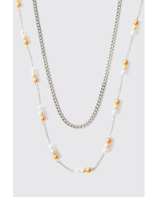 BoohooMAN White Pearl & Beaded Chain Necklace for men
