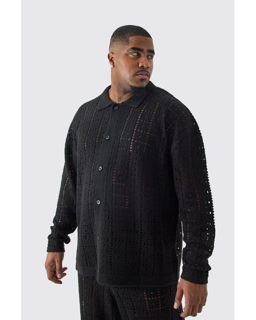 BoohooMAN Plus Oversized Long Sleeve Crochet Knit Shirt In Black for men