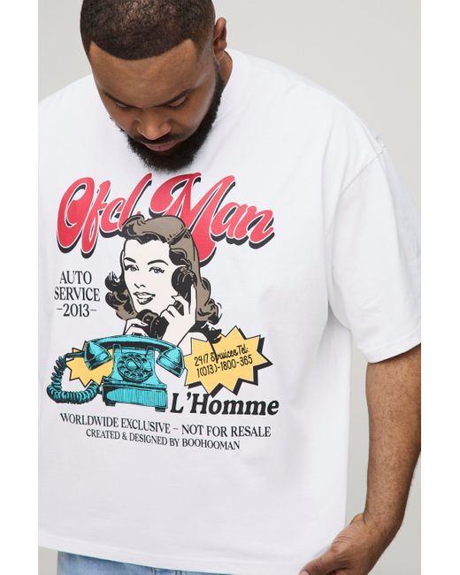 BoohooMAN Plus kastiges Oversize T-Shirt mit Print in White für Herren