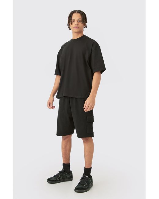 BoohooMAN Black Oversized Boxy Heavyweight T-shirt & Ribbed Cargo Shorts Set for men