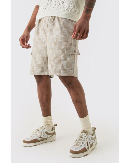 BoohooMAN Natural Tall Elasticated Waist Textured Cargo Short In Stone for men
